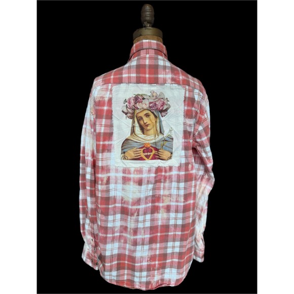 Tops - Sacred Heart Mary Flannel Small Upcycled Cotton Shirt Boho Folk Art